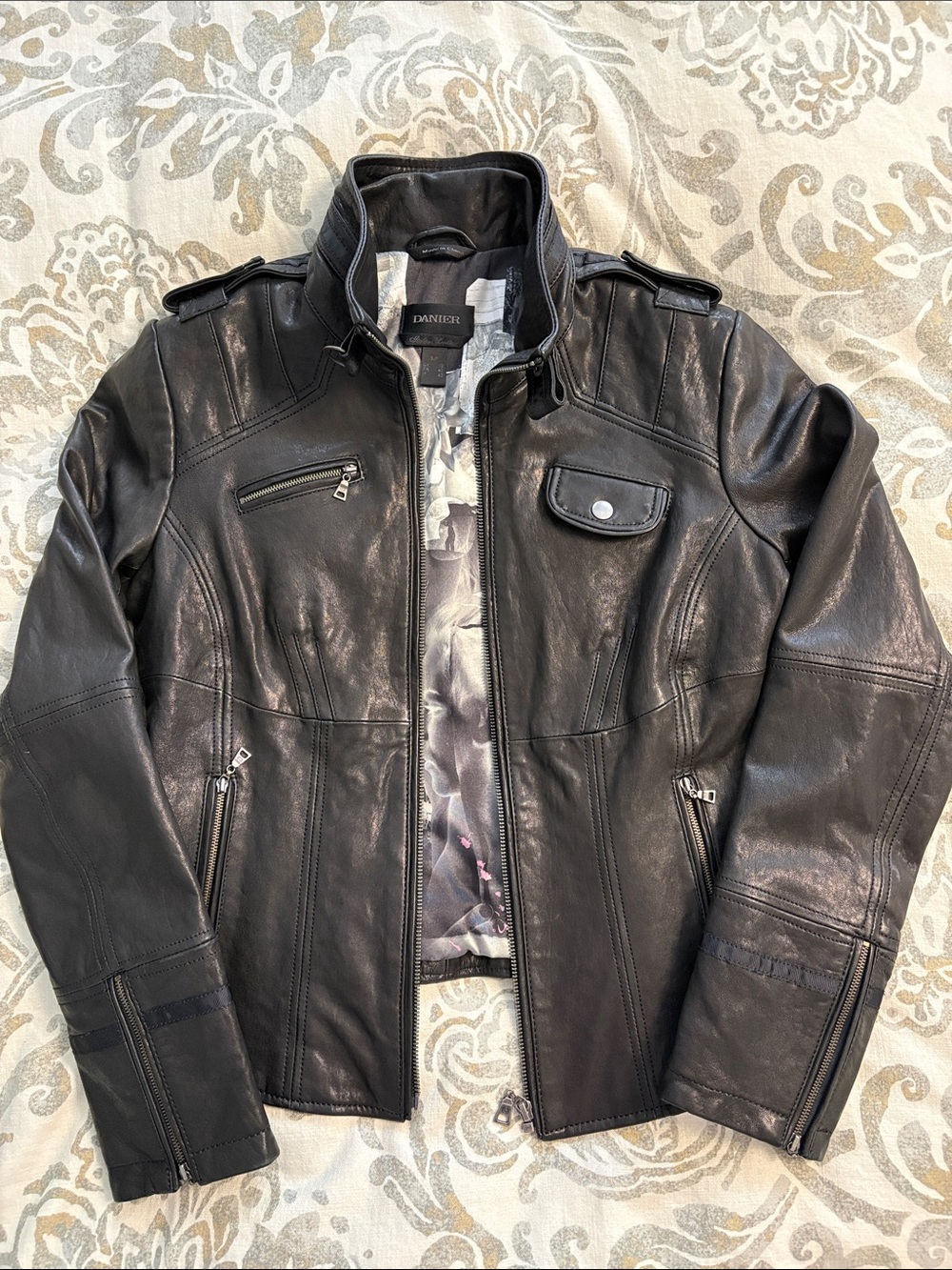 Danier Black Leather Bomber Jacket with Zip Pockets